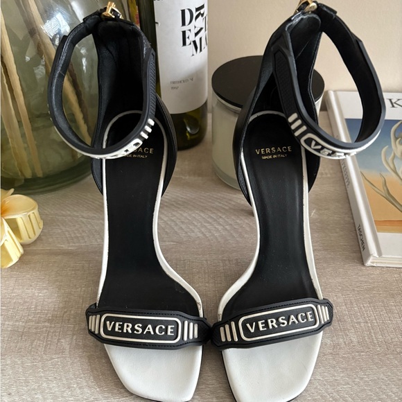 Versace Shoes - Versace Black & White Ankle-Strap Logo Sandals